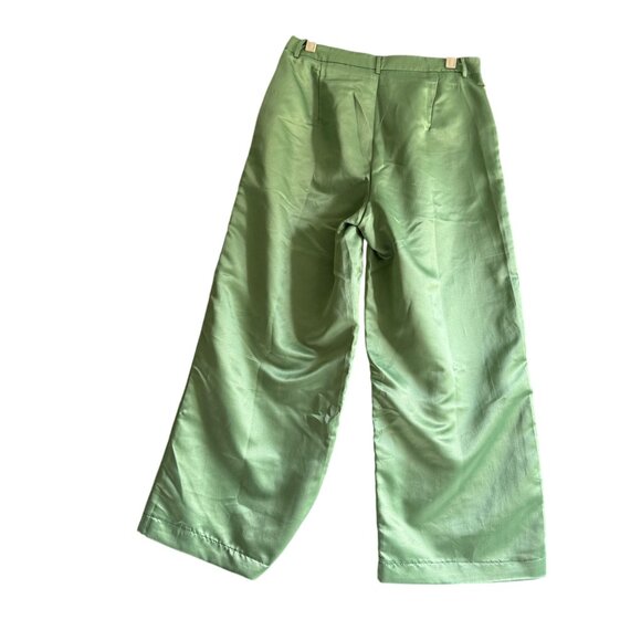 NWT Missguided Pleated Wide Leg Cropped Pants Women's Shiny 8 Green Pockets - Picture 8 of 12